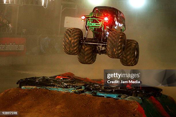 Monster truck Grave Digger during a freestyle competition of the Monster Jam Exhibition Tour at Autodromo Hermanos Rodriguez on November 7, 2009 in...