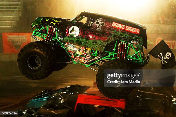 Monster truck Grave Digger during a freestyle competition of the Monster Jam Exhibition Tour at Autodromo Hermanos Rodriguez on November 7, 2009 in...