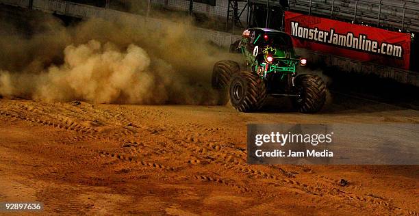 Monster truck Grave Digger during a freestyle competition of the Monster Jam Exhibition Tour at Autodromo Hermanos Rodriguez on November 7, 2009 in...