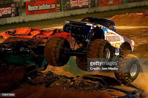 Monster truck King Krunch during a freestyle competition of the Monster Jam Exhibition Tour at Autodromo Hermanos Rodriguez on November 7, 2009 in...