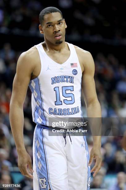 Garrison Brooks of the North Carolina Tar Heels reacts in the first half against the Syracuse Orange during the second round of the ACC Men's...