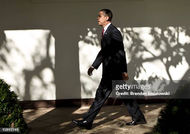 President Barack Obama walks from the West Wing of the White House to make a statement to the media November 8, 2009 in Washington, DC. In addition...