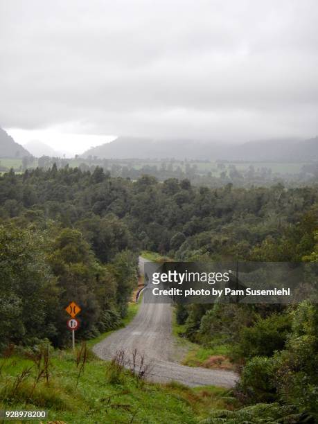 one-lane road in lush landscape, south island of new zealand - new zealand connected stockfoto's en -beelden