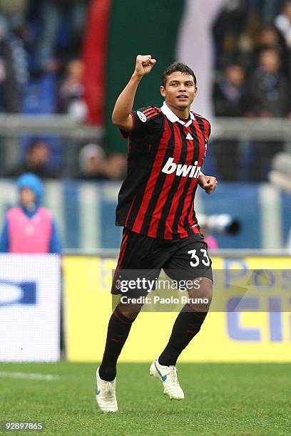 Thiago Silva of AC Milan celebrates the opening goal during the Serie A match between SS Lazio and AC Milan at Stadio Olimpico on November 8, 2009 in...