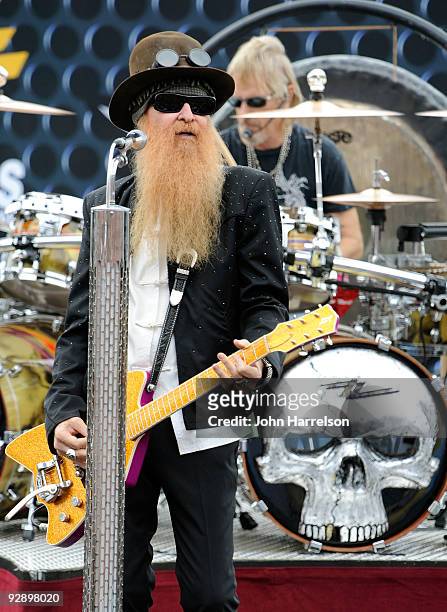 Musicians Billy Gibbons, and Frank Beard of ZZ Top perform at the NASCAR Sprint Cup Series Dickies 500 at Texas Motor Speedway on November 8, 2009 in...