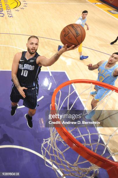 Evan Fournier of the Orlando Magic goes up for a layup during the game against the Los Angeles Lakers at STAPLES Center on March 7, 2017 in Los...
