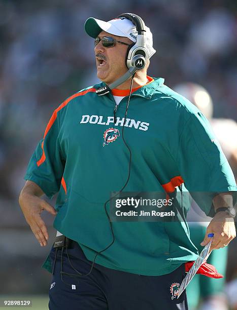 Coach Tony Sparano of the Miami Dolphons reacts during the game against the New England Patriots at Gillette Stadium on November 8, 2009 in Foxboro,...