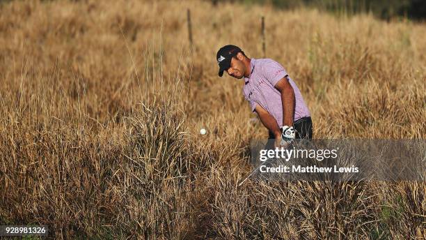 Shubhankar Sharma of India plays out of the rough on the 11th hole during day one of the Hero Indian Open at Dlf Golf and Country Club on March 8,...