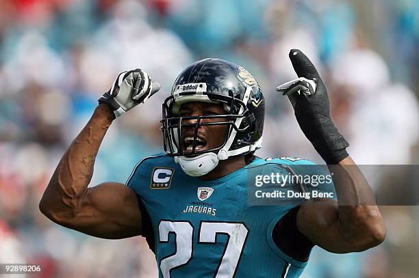 Cornerback Rashean Mathis of the Jacksonville Jaguars celebrates after making a tackle against the Kansas City Chiefs at Jacksonville Municipal...