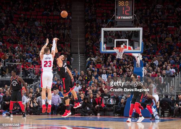 Blake Griffin of the Detroit Pistons shoots a three point shot to tie the game late in O.T. Against the Toronto Raptors during an NBA game at Little...