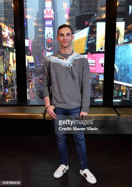 Winter Olympics Bronze medal winner, figure skater Adam Rippon visits "Extra" at Renaissance New York Times Square hotel at Times Square on March 7,...