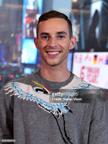 Winter Olympics Bronze medal winner, figure skater Adam Rippon visits "Extra" at Renaissance New York Times Square hotel at Times Square on March 7,...