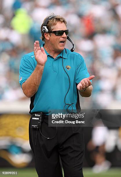 Head coach Jack Del Rio of the Jacksonville Jaguars cheers his team on against the Kansas City Chiefs at Jacksonville Municipal Stadium on November...