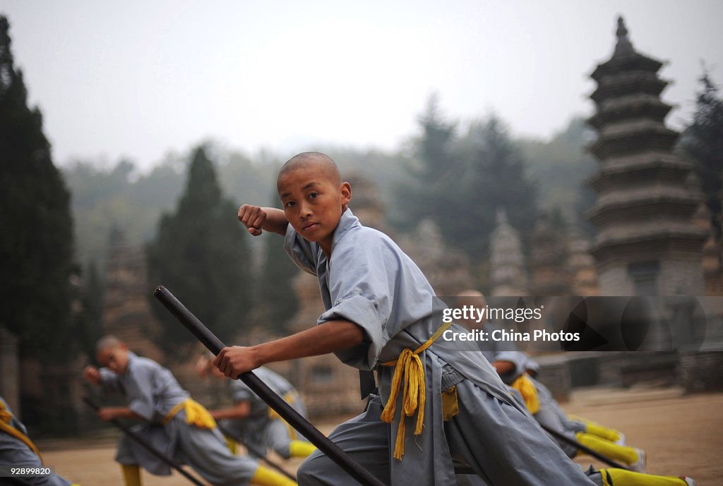 Boys Practice Kung Fu At Shaolin Temple Area