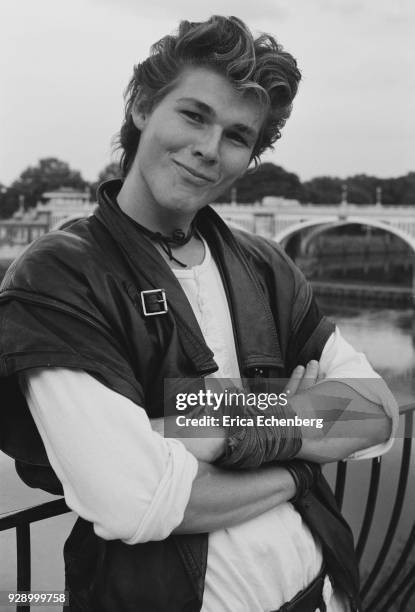 Portrait of Morten Harket of A-Ha by the River Thames during the recording of the band's first album, Twickenham, London, 1984.