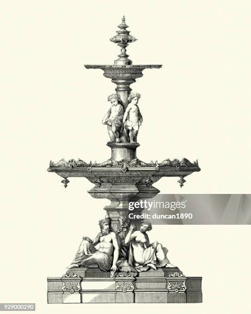 victorian cast iron fountain, mid 19th century - fountain stock illustrations