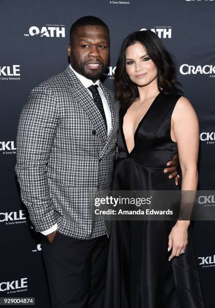Executive producer Curtis "50 Cent" Jackson and actress Katrina Law arrive at Crackle's "The Oath" premiere at Sony Pictures Studios on March 7, 2018...