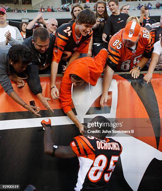 Chad Ochocinco of the Cincinnati Bengals celebrates with his fans after defeating the Baltimore Ravens 17-7 at Paul Brown Stadium on November 8, 2009...