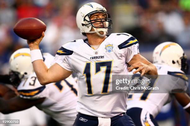 Philip Rivers of the San Diego Chargers throws a pass against the New York Giants on November 8, 2009 at Giants Stadium in East Rutherford, New...