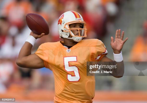 Quarterback Josh Freeman of the Tampa Bay Buccaneers throws a pass against the Green Bay Packers during the game at Raymond James Stadium on November...