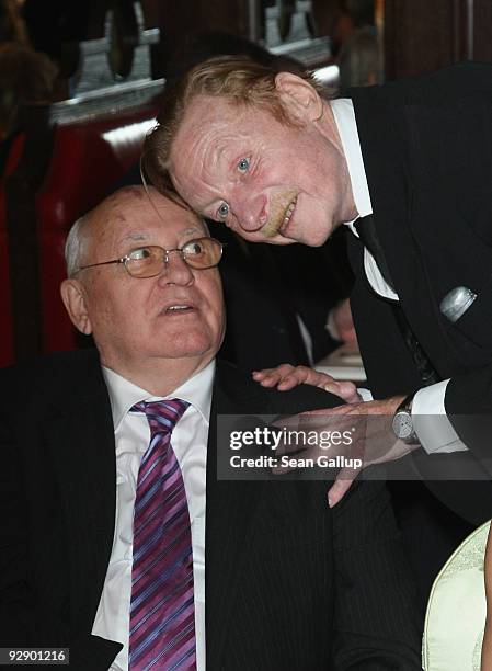 Former Soviet President Mikhail Gorbachev and German actor Otto Sander attend the MTV Europe Music Awards Free Your Mind Award Presentation at the...