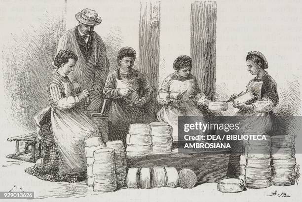 First cheese scraping operation, France, drawing by Adrien Marie from a photograph, from Roquefort and its cheeses, by Adrien Roques and Jules...