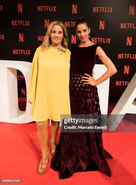 Marcela Tinayre poses with daugther Juana Viale during the Premiere of Netflix's Edha at Cinemark Puerto Madero on March 7, 2018 in Buenos Aires,...