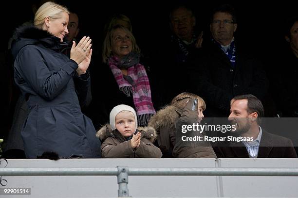 Crown Princess Mette-Marit, Prince Sverre Magnus, Princess Ingrid Alexandra and Crown Prince Haakon Magnus attend the Molde v Aalesund Norwegian...