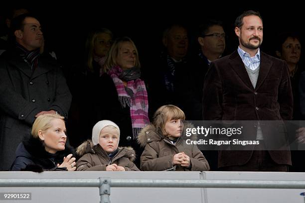 Crown Princess Mette-Marit, Prince Sverre Magnus, Princess Ingrid Alexandra and Crown Prince Haakon Magnus attend the Molde v Aalesund Norwegian...