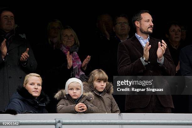 Crown Princess Mette-Marit, Prince Sverre Magnus, Princess Ingrid Alexandra and Crown Prince Haakon Magnus attend the Molde v Aalesund Norwegian...