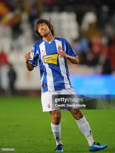 Shunsuke Nakamura of Espanyol reacts after his free kick went wide of goal during the La Liga match between Espanyol and Sporting Gijon at El Molinon...