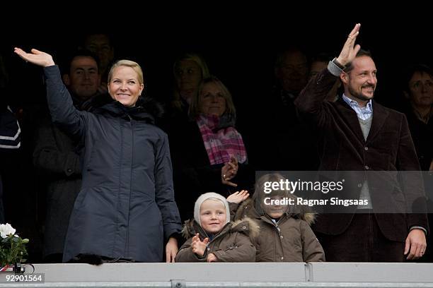 Crown Princess Mette-Marit, Prince Sverre Magnus, Princess Ingrid Alexandra and Crown Prince Haakon Magnus attend the Molde v Aalesund Norwegian...