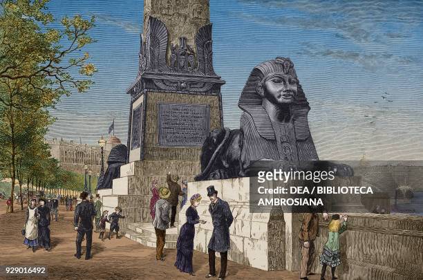 Cleopatra's Needle on the Thames Embankment, with the Sphinxes which will shortly be placed at the base, London, United Kingdom, illustration from...
