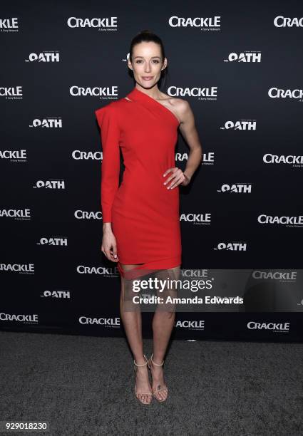 Actress Sarah Dumont arrives at Crackle's "The Oath" premiere at Sony Pictures Studios on March 7, 2018 in Culver City, California.