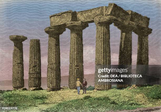 Temple of Apollo at Corinth, Greece, engraving from L'Illustrazione Italiana, No 17, April 24, 1881. Digitally colorized image.