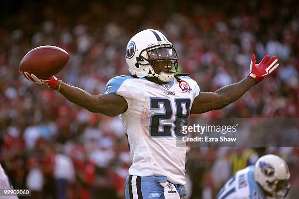 Chris Johnson of the Tennessee Titans celebrates after he scored a touchdown against the San Francisco 49ers at Candlestick Park on November 8, 2009...