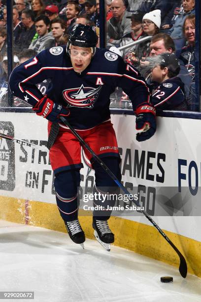 Jack Johnson of the Columbus Blue Jackets skates against the Vegas Golden Knights on March 6, 2018 at Nationwide Arena in Columbus, Ohio.