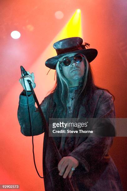 Carl McCoy of Fields Of The Nephilim performs on stage on the second day of live music at Hellfire Festival at NEC Arena on November 8, 2009 in...