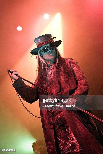 Carl McCoy of Fields Of The Nephilim performs on stage on the second day of live music at Hellfire Festival at NEC Arena on November 8, 2009 in...