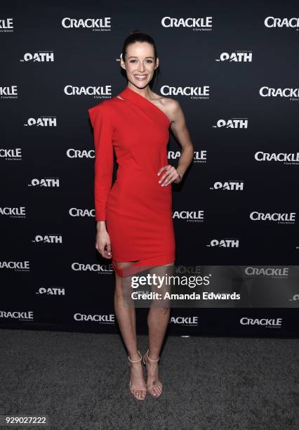 Actress Sarah Dumont arrives at Crackle's "The Oath" premiere at Sony Pictures Studios on March 7, 2018 in Culver City, California.