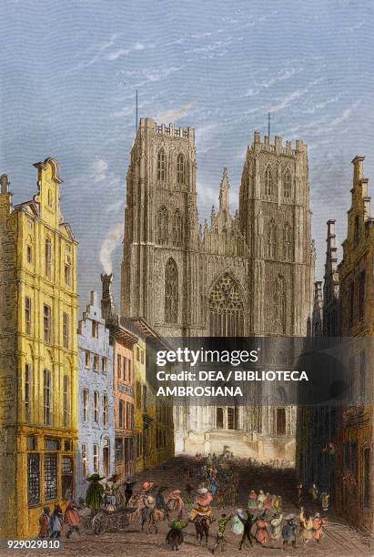 Cathedral of St Michael and St Gudula, Brussels, Belgium, engraving from a drawing by William Henry Bartlett from Vues de la Hollande et de la...