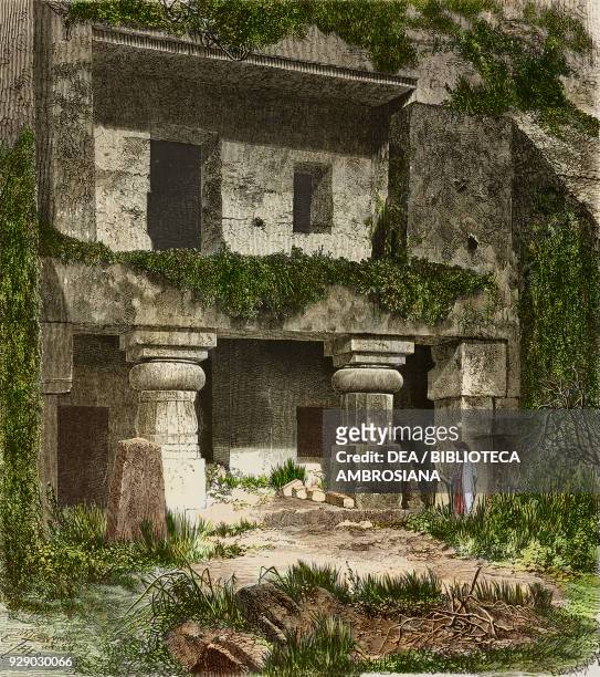 Buddhist cave in Kenhari, engraving from India: travel in Central India and Bengal by Louis Rousselet . Digitally colorized image.