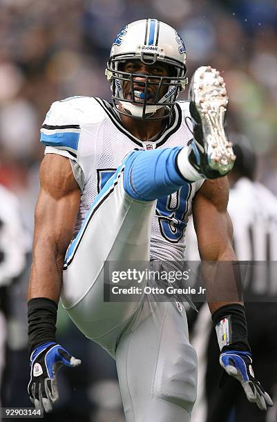 Linebacker Julian Peterson of the Detroit Lions celebrates after the Lions held the Seattle Seahawks for no gain on fourth down and inches on...