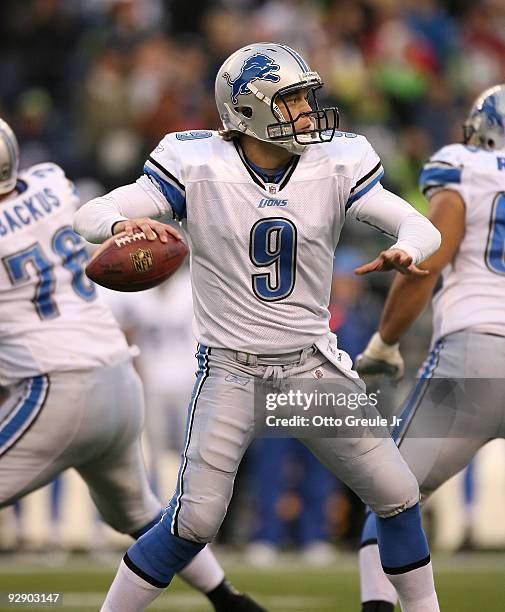 Quarterback Matthew Stafford of the Detroit Lions passes against the Seattle Seahawks on November 8, 2009 at Qwest Field in Seattle, Washington. The...