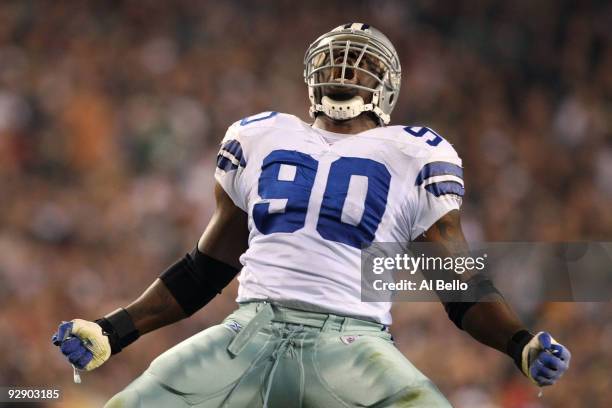 Jay Ratliff of the Dallas Cowboys reacts after he sacked Donovan McNabb of the Philadelphia Eagles at Lincoln Financial Field on November 8, 2009 in...