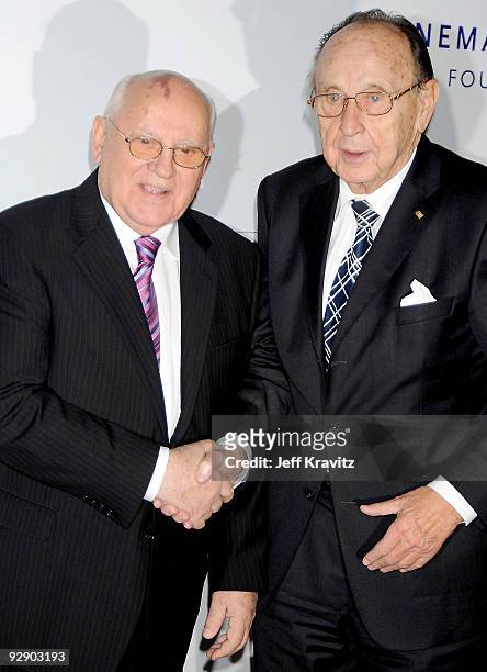 Former Soviet President, Mikhail Gorbachev and former German Foreign Minister, Hans-Dietrich Gensche attend the MTV Europe Music Awards "Free Your...