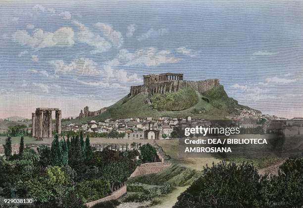 View of the Acropolis, below the arch of Hadrian, Athens, Greece, illustration from Histoire des grecs, volume 1, Formation du peuple grec by Victor...