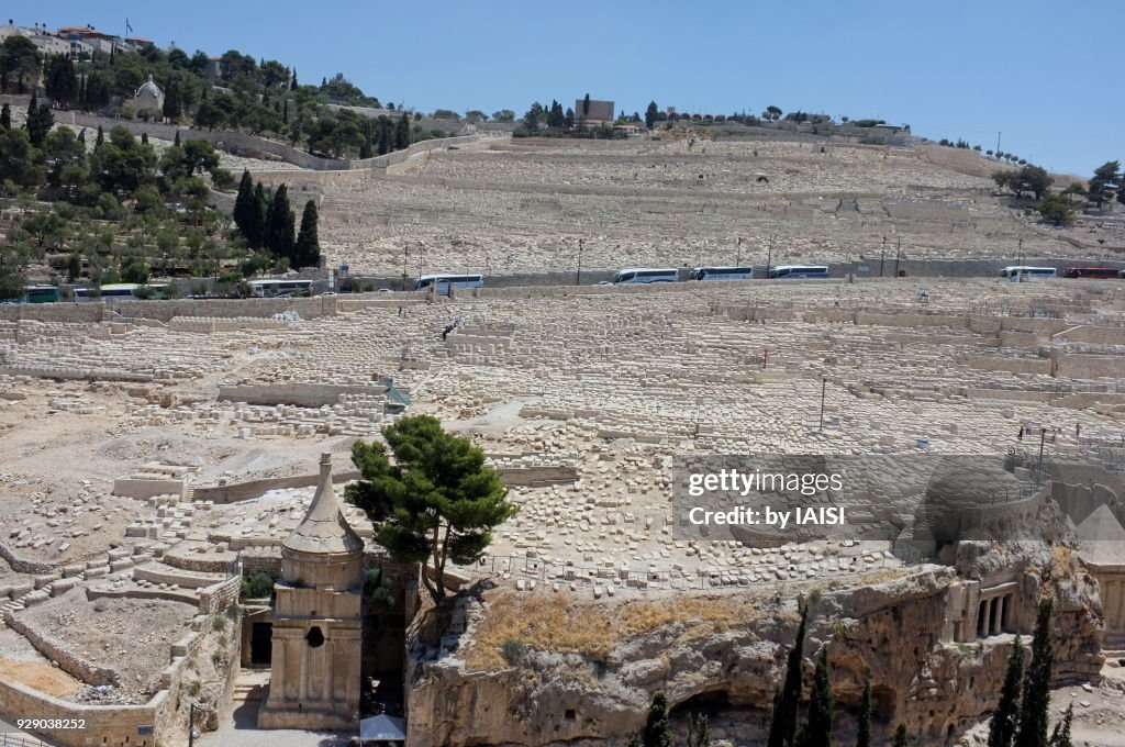 A view of Absalon's Tomb in the Kidron valley, and The Jewish cemetery on Mount of Olives with its thousands Jewish tombs