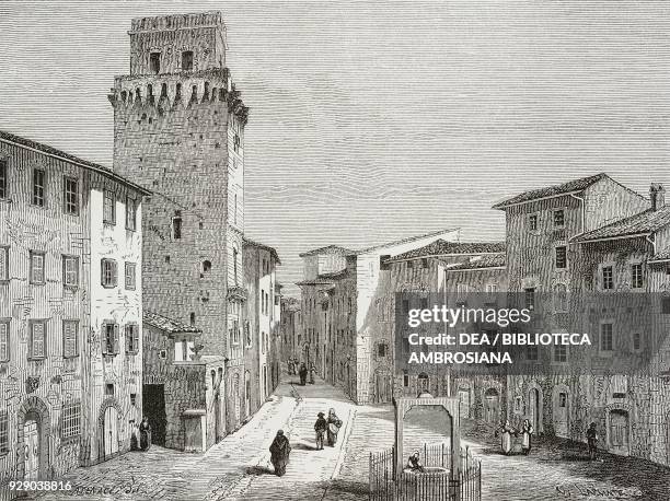 Piazza della Cisterna, San Gimignano, Tuscany, Italy, drawing by Hercule Catenacci from a watercolor by Charles Doussault , from Tuscany and Umbria...