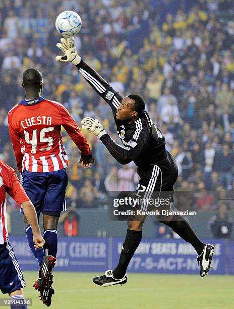 Zach Thornton of Chivas USA blocks a shot against the Los Angeles Galaxy during Game 2 of the MLS Western Conference Semifinals match at The Home...